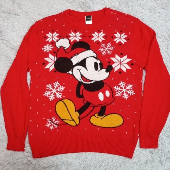 Mickey Mouse Disney Womens Sweater Red L Christmas Holiday Snow Cotton Blend - Picture 1 of 10